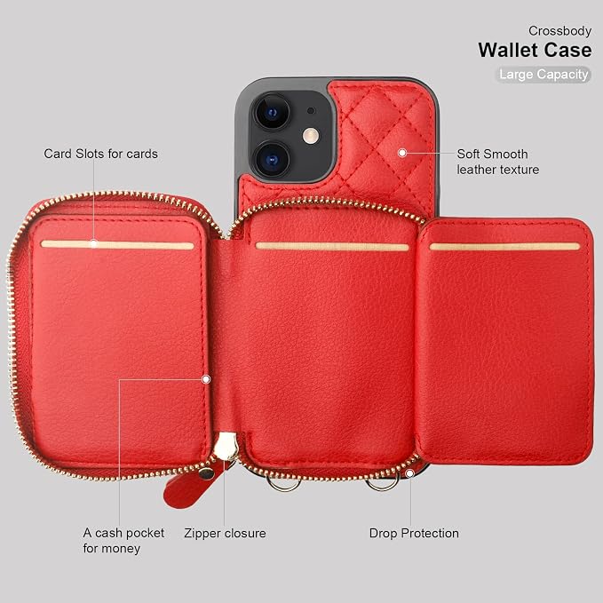 Bocasal Crossbody Wallet Case for iPhone 12/12 Pro, RFID Blocking PU Leather Zipper Handbag Purse Flip Cover, Kickstand Folio Case with Card Slots Holder Wrist Strap Lanyard 5G 6.1 Inch (Red)