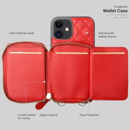 Bocasal Crossbody Wallet Case for iPhone 12/12 Pro, RFID Blocking PU Leather Zipper Handbag Purse Flip Cover, Kickstand Folio Case with Card Slots Holder Wrist Strap Lanyard 5G 6.1 Inch (Red)