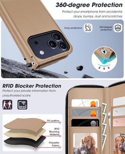OCASE for iPhone 17 Pro Crossbody Detachable Wallet Case, PU Leather Handbag Phone Purse with Zipper Closure, Card Slots & RFID Blocking, Wrist Strap, Lanyard, Kickstand, Diamond Check Khaki