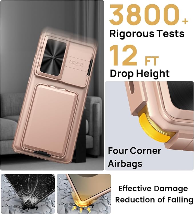 SSLOTSCASE for Samsung Galaxy S25 Ultra Case with Card Holder & Camera Stand & Kickstand & Slide Camera Lens Cover & Wallet, Heavy-Duty Shockproof Protection Phone Cover for S25 Ultra 6.9", Rose Gold