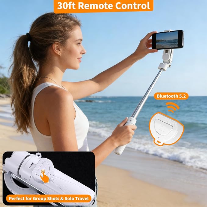 4-in-1 Magnetic Selfie Stick for iPhone/Android - Multifunctional 360° Rotation Extendable Tripod with Detachable Remote, Universal Phone Mount & Metal Ring (Magnetic or Clip Combo)