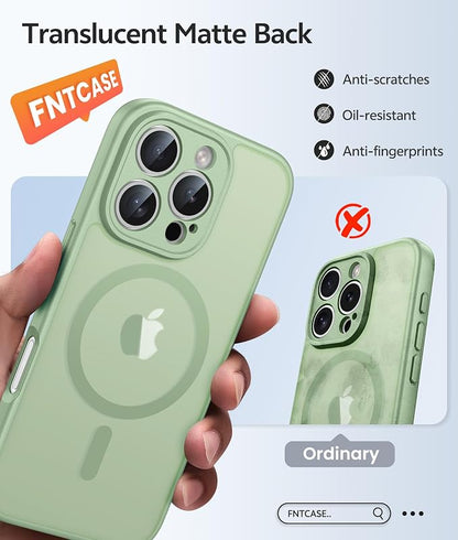 FNTCASE for iPhone 16 Pro Case: [Compatible with Magsafe] Translucent Matte Cases with [Full Camera Protection] [Screen Protector] Military Grade Shockproof Protective Phone Cover - Light Moss