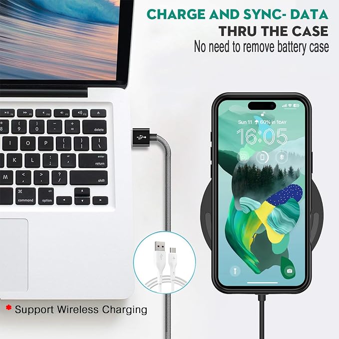 Wireless Charging Case for iPhone 16 Plus, 12000mAh High Capacity Portable Rechargeable Battery Case Qi Wireless Charging Compatible with iPhone 16 Plus (6.7 inch) Extended Battery Charger Case-Black