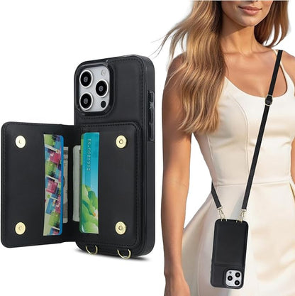 LOHASIC for iPhone 16 Pro Max Case Wallet with Detachable Crossbody Strap & Wrist Lanyard, RFID Blocking, 4 Card Slots 2 Cash Pockets, Vegan Leather Case with Card Holder for Women Girls, Black