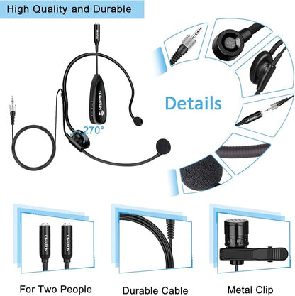 KIMAFUN Wireless Microphone System for 2 People, 2.4G Dual Wireless Headset and Lavalier Lapel Mics Ideal for Smartphone, iPhone, Laptop, Camera, Speaker, PA, Conference, Vlog, Recording