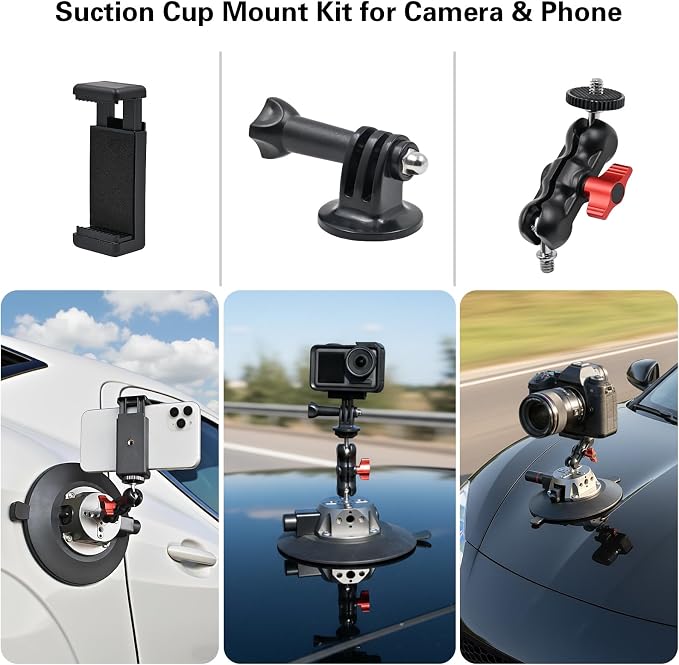 5.9"/15cm Suction Cup Camera Mount with Ball Head Magic Arm, Camera Suction Mount on Car Windshield for DSLR/Action Cameras/Phone Holder, with 1/4" & 3/8" ARRI Holes