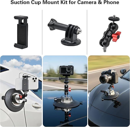 5.9"/15cm Suction Cup Camera Mount with Ball Head Magic Arm, Camera Suction Mount on Car Windshield for DSLR/Action Cameras/Phone Holder, with 1/4" & 3/8" ARRI Holes