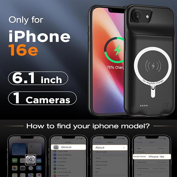 Battery Case for iPhone 16e, 10000mAh Portable Protective Charging Case with Wireless Charging Compatible for iPhone 16e (6.1inch) Rechargeable Extended Battery Pack Charger Cover with Carplay (Black)