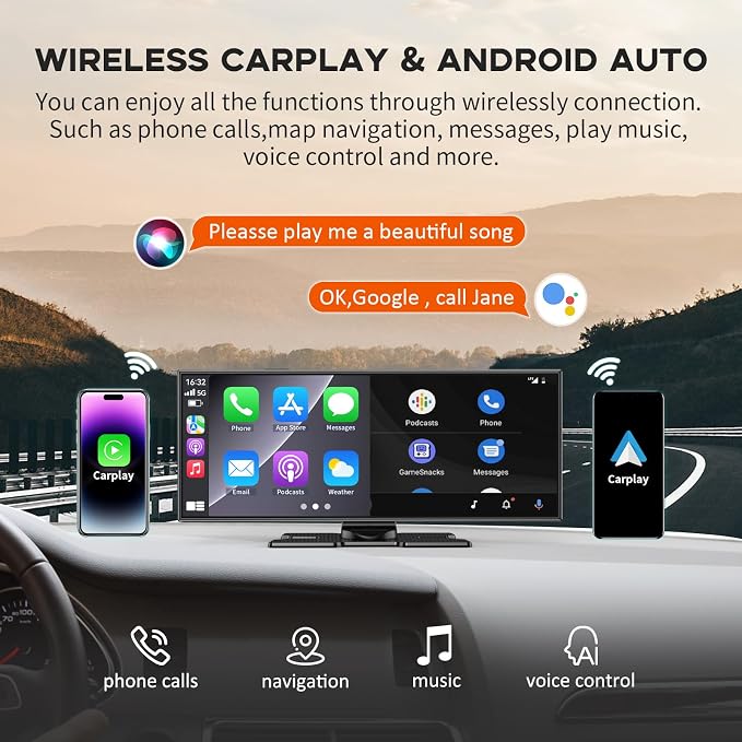Largest 11.5" Portable Apple Carplay Screen for Car, 4K Wireless Car Play & Android Auto, Upgrade Touchscreen with Dash Cam, App Control/Loop Recording/Backup Camera/Mirror Link/GPS/FM