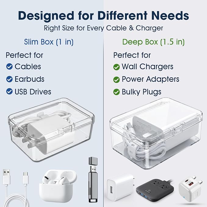ARVOK 2 Sets Cable Organizer Box with 20 Adjustable Compartments，Cable | Storage Box with Lid,Solution for Cable Chaos Charging Cables, Organizer for Home Office Desk Organizers and Accessories