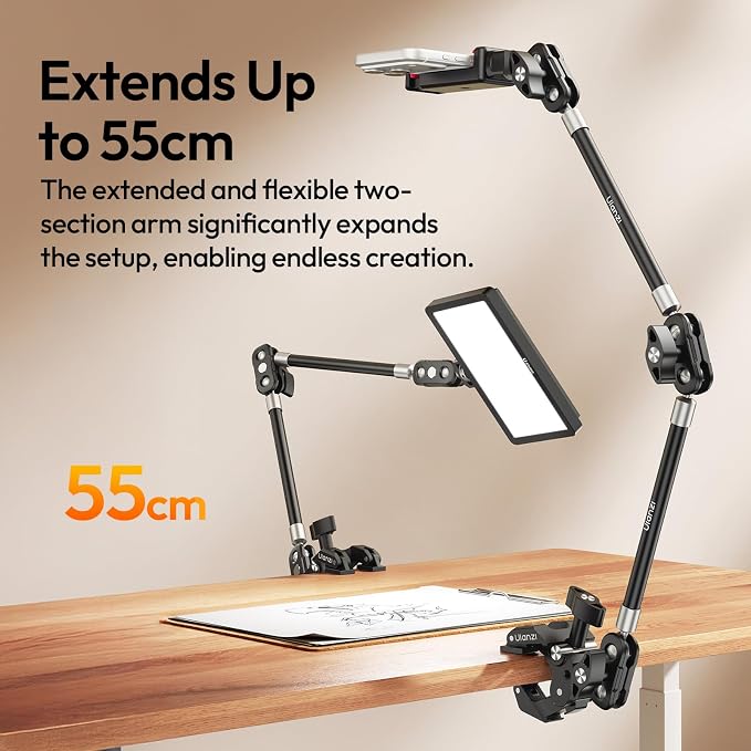 ULANZI 22'' CO78 Magic Arm w Desk C Clamp, Camera Mount Articulating Friction Arm w Super Clamp, 1/4" & ARRI Pins, Overhead Phone Mount Holder Stand, 1kg f Phone & Action Cam, Video Light