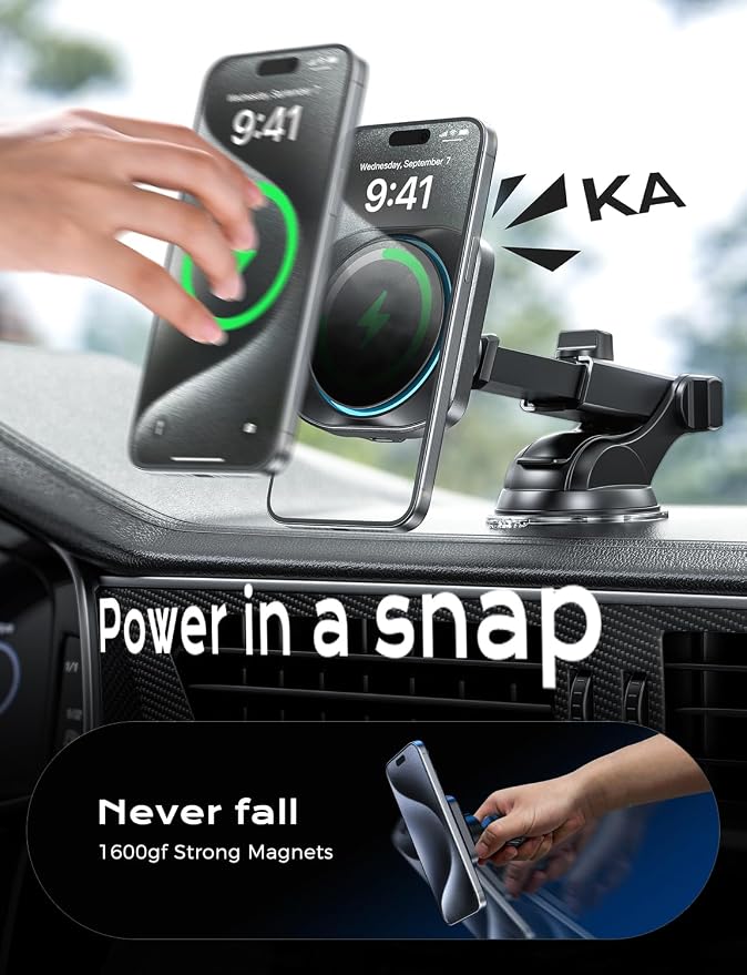 CHGeek for 15W Magsafe Car Mount Charger, Wireless Car Charger Magnetic Car Phone Holder Mount Fit iPhone 16 15 14 13 12 Magsafe Case, Vent/Windshield/Dash Phone Mount Holder Fast Cooling Charger