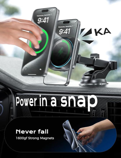 CHGeek for 15W Magsafe Car Mount Charger, Wireless Car Charger Magnetic Car Phone Holder Mount Fit iPhone 16 15 14 13 12 Magsafe Case, Vent/Windshield/Dash Phone Mount Holder Fast Cooling Charger