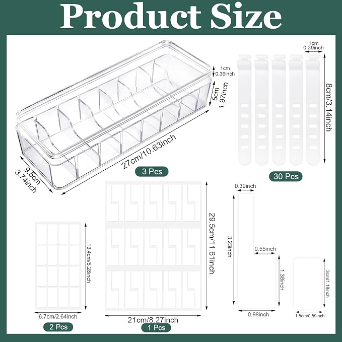 ProSuites Cable Organizer Box with Lid, 3 Pcs Clear Cord Storage Organizer with 30 Cable Ties 62 Cable Labels, Charger Organizer for Office Desk Drawer Organizers and Accessories