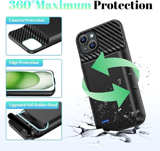 Battery Case for iPhone 15 Plus(6.7 inch) 13800mAh High Capacity Charging Case [2026 Upgraded] Portable Rechargeable Extended Charger Case with Tempered Glass Screen Protector Black