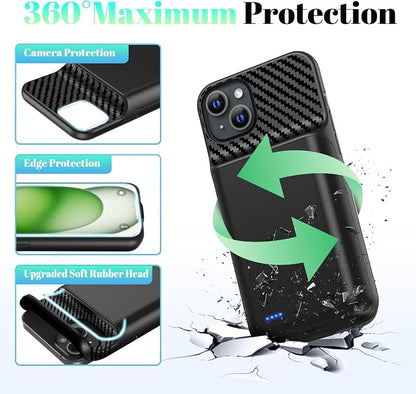 Battery Case for iPhone 15 Plus(6.7 inch) 13800mAh High Capacity Charging Case [2026 Upgraded] Portable Rechargeable Extended Charger Case with Tempered Glass Screen Protector Black