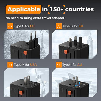 TESSAN Universal Travel Adapter, Black | 28W, 5 USB Ports (3 USB C), US to Europe UK France Germany Spain Australia, Type C G A I