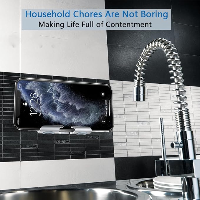 Shower Phone Holder with 2PCS Adhesive Stickers,Wall Mount Phone Stand for Bathroom,Kitchen,Office and More,Compatible with Smartphone (Silver－Gray)