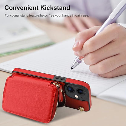 Bocasal Crossbody Wallet Case for iPhone 12/12 Pro, RFID Blocking Leather Purse Case with Card Holder, Protective Handbag Flip Cover with Zipper Wrist Strap Lanyard for Women 5G 6.1 Inch (Red)
