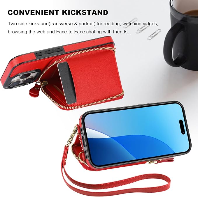 Bocasal RFID Blocking Wallet Case for iPhone 16 Pro, Adjustable Crossbody Zipper Purse Case Card Holder with Kickstand Detachable Wrist Strap, PU Leather Flip Folio Case 6.3 Inch 5G (Red)