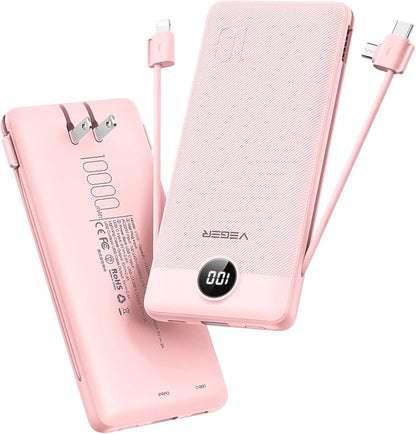 VEGER Portable Charger with Built-in AC Plug and Cables, All in One 10000mAh Ultra Slim Power Bank Travel Essentials, USB C External Battery Pack Compatible with iPhone, Samsung, More, Crepe