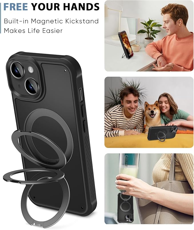 for iPhone 15 Plus Case, Built-in Magnetic & Seamless Stand, [Compatible with Magsafe] Protective Shockproof Phone Case, Scratch-Resistant Matte Back Slim Cover for 6.7 Inch - Black