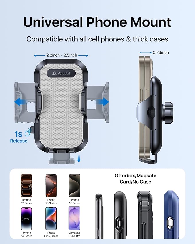 andobil Phone Holders for Your Car - Air Vent Phone Mount, Ultra-Stable Metal Clip with Anti-Shake & 360° Rotation, Universal Car Mount Fit iPhone 17/16/15/14/13/12 Pro Max/Android/Samsung Gary