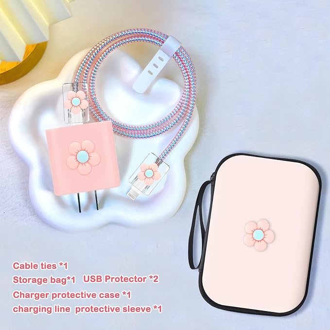 CameCosy DIY Phone Charger Case Storage Sets Cable Protector Earphone Wire Saver with Lovely Travel Storage Bag, Cute Cable Charger Protector Cord Organizer for iPhone (Pink Flower)