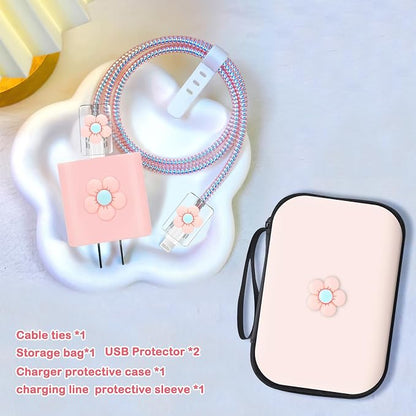CameCosy DIY Phone Charger Case Storage Sets Cable Protector Earphone Wire Saver with Lovely Travel Storage Bag, Cute Cable Charger Protector Cord Organizer for iPhone (Pink Flower)