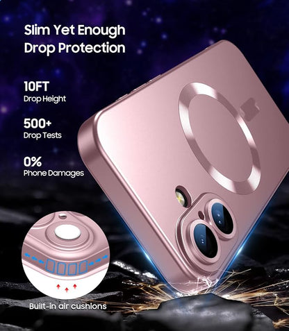 Magnetic for iPhone 17 Case [Compatible with MagSafe][Built-in Camera Lens Protector] Slim Thin Soft Silicone Bumper Shockproof Metallic Luster Phone Case (Rose Gold)