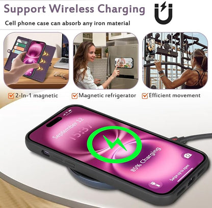 for Wallet Case Compatible with iPhone 16 Plus,Multi-Function Detachable 2 in 1 Magnetic iPhone 16 Plus Case Wallet,Flip Strap Zipper Card Holder Phone Case with Shoulder Straps (Pruple)
