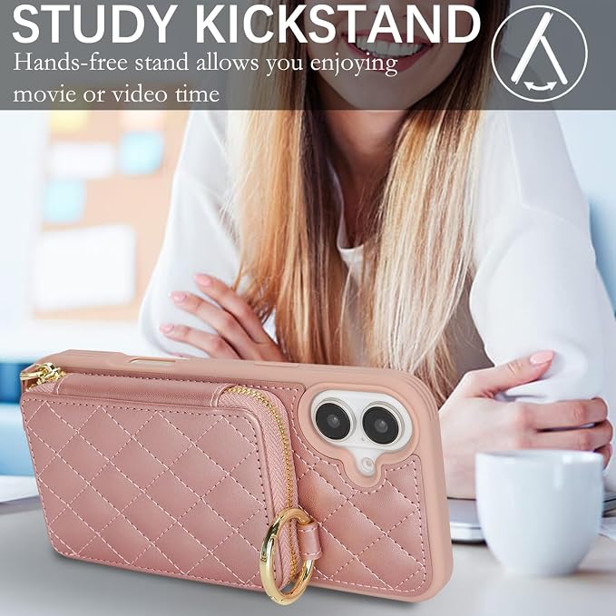 Crossbody Wallet Case for iPhone 17, PU Leather Zipper Handbag Purse Flip Cover, Kickstand Folio Case with Card Slots Holder Wrist Strap Lanyard 5G 6.3 Inch-Rose Gold