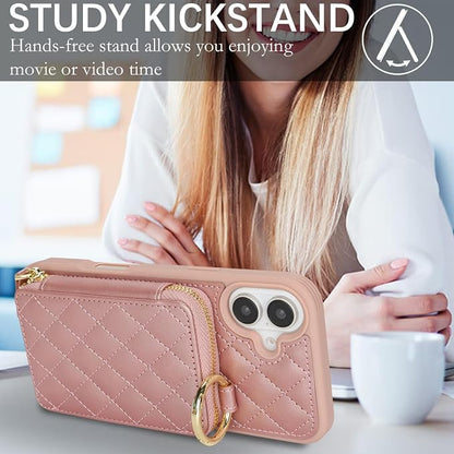 Crossbody Wallet Case for iPhone 17, PU Leather Zipper Handbag Purse Flip Cover, Kickstand Folio Case with Card Slots Holder Wrist Strap Lanyard 5G 6.3 Inch-Rose Gold