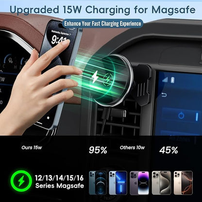 Car Vent Wireless Charger Magnetic Phone Mount Compatible with 2021-2025 Ford F-150, 2023-2025 Super Duty F250/F350/F450, Metal Phone Holder Cradles Bracket Stand for All Smartphones (No Socket Arm)