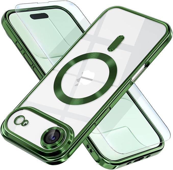 Misea Magnetic for iPhone 17 Air Case Compatible with MagSafe [Never Yellowing] [Military Grade Drop Protection] Full Camera Lens Protector Plating Soft Clear Phone Case for Women, Green