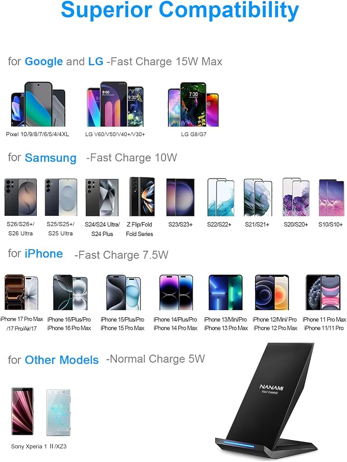 NANAMI Fast Wireless Charger with USB Phone Charger, Charging Stand with 20W PD Adapter for iPhone 17/17 Pro/17 Pro Max/16/16 Plus/15/14/13, 10W for Samsung Galaxy S26/S26+/S25/S24/S23/S22/S21