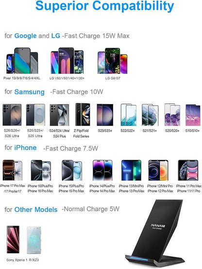 NANAMI Fast Wireless Charger with USB Phone Charger, Charging Stand with 20W PD Adapter for iPhone 17/17 Pro/17 Pro Max/16/16 Plus/15/14/13, 10W for Samsung Galaxy S26/S26+/S25/S24/S23/S22/S21
