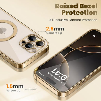 GolbinBox for iPhone 16 Pro Max Case with 360° Spin Magnetic Stand,[Compatible with Magsafe] [Military Protection][Built-in Ring Holder] Camera Control Phone Case for 16 Pro Max,Gold/Clear