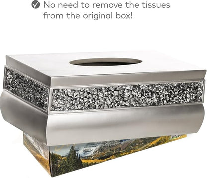 Crackled Glass Silver Tissue Box Cover Rectangular - Decorative Bling Tissue Box Holder With Beautiful Mosaic Glass - Elegant Tissue Holder For Bathroom With Durable Bottom Slider (Silver Collection)