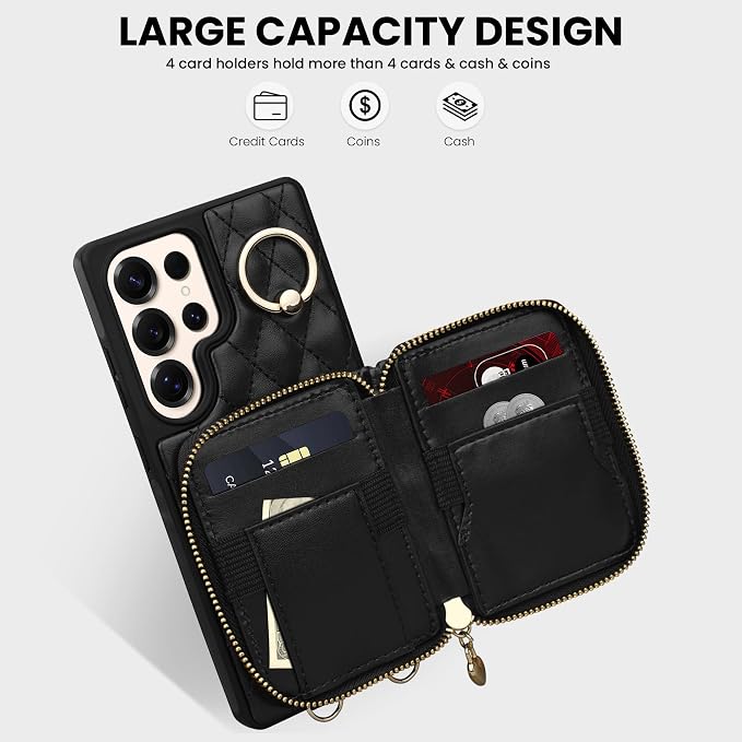 Keallce Case for Samsung Galaxy S25 Ultra 6.9'' Wallet Case,Crossbody Zipper Galaxy S25 Ultra Purse Wrist Strap Lanyard Handbag,RFID Blocking Card Slots,Flip Leather Cover for Samsung S25 Ultra,Black