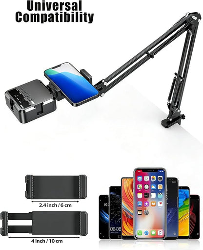 Overhead Phone Mount, Articulating Arm Cell Phone Holder with LED Light, Flexible Phone Stand for Live Streaming, Video Recording, Painting Lighting, Cooking