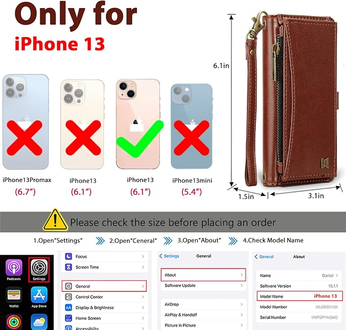 Wallet Case for iPhone 13 with Card Holder/Crossbody Wallet/Strap| RFID Blocking | Magnetic | Kickstand | Detachable | PU Leather Phone Case for iPhone 13,6.1 in,Brown