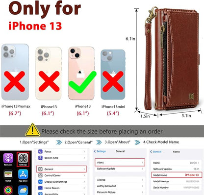 Wallet Case for iPhone 13 with Card Holder/Crossbody Wallet/Strap| RFID Blocking | Magnetic | Kickstand | Detachable | PU Leather Phone Case for iPhone 13,6.1 in,Brown
