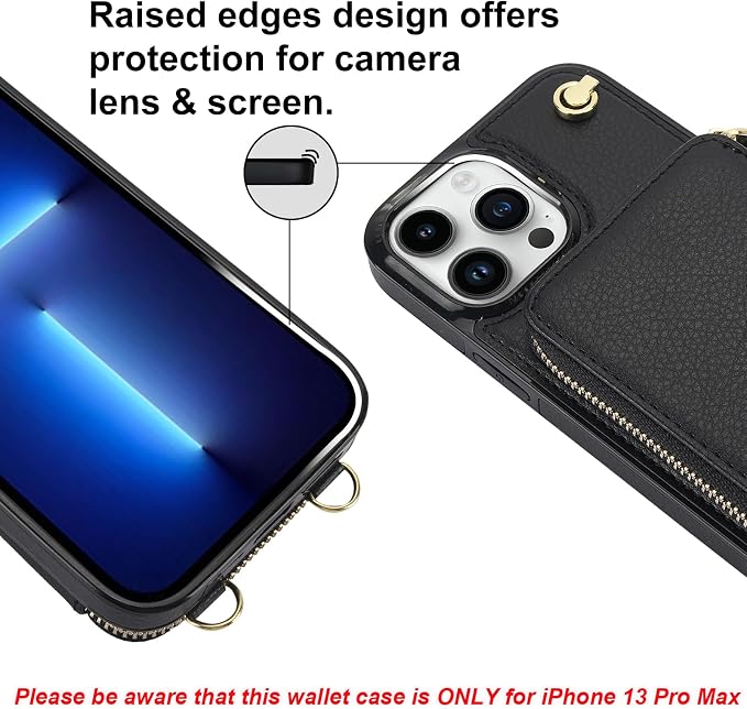 Bocasal for MagSafe Crossbody Wallet Case Compatible with iPhone 13 Pro Max, RFID Blocking Protective Purse Case with Card Slots Holder Kickstand Wrist Strap Lanyard Zipper 6.7 Inch 5G (Black)