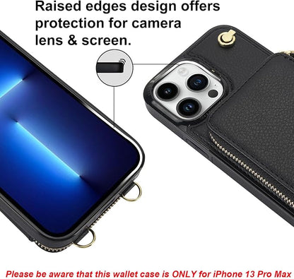 Bocasal for MagSafe Crossbody Wallet Case Compatible with iPhone 13 Pro Max, RFID Blocking Protective Purse Case with Card Slots Holder Kickstand Wrist Strap Lanyard Zipper 6.7 Inch 5G (Black)