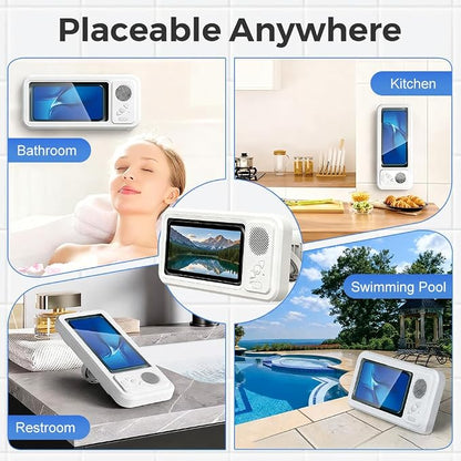Shower Phone Holder with Wireless Bluetooth Speaker, 2025 Upgraded Shower Phone Holder with 360 Rotation, Waterproof Wall Mounted Holder for Bathroom Kitchen (2, White)