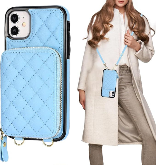 Bocasal Crossbody Wallet Case for iPhone 11, RFID Blocking PU Leather Zipper Handbag Purse Flip Cover, Kickstand Folio Case with Card Slots Holder Wrist Strap Lanyard 6.1 Inch (Blue)