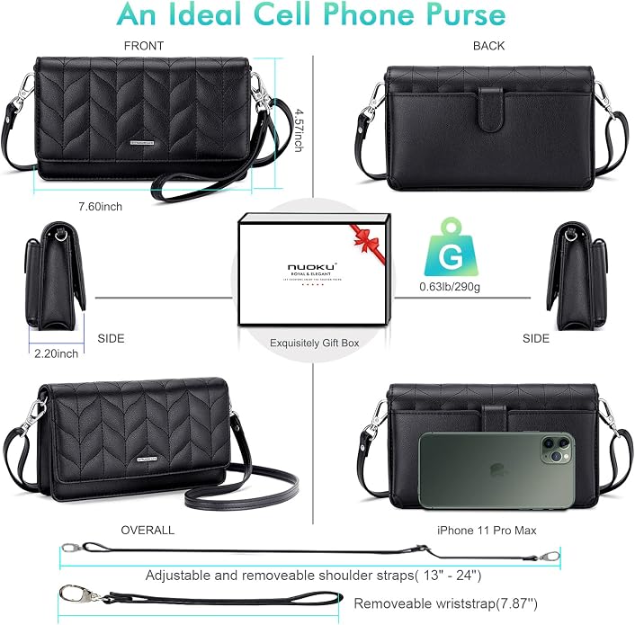 nuoku Women Small Crossbody Bag Cellphone Purse Wallet with RFID Card Slots 2 Straps Wristlet