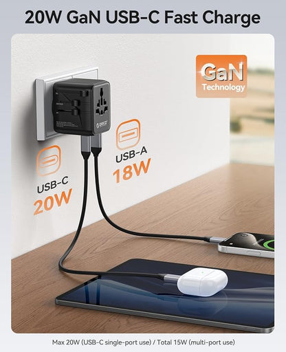 ORICO Universal Travel Adapter 100W GaN International Power Adapter | 7 in 1 (2 AC, 3 USB-C, 2 USB-A) European Travel Plug Adapter, Built-in Retractable USB-C Cable for Eu UK AU 200+ Countries