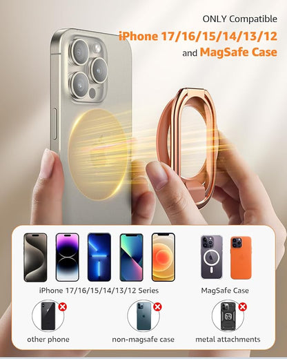 【2025 Upgraded】 Mag Safe Phone Ring Holder, SUPERONE Adjustable Magnetic Kickstand & Removable Phone Grip Compatible with Wireless Charging Only for iPhone 17 & 16 & 15 & 14 & 13 Series - Rose Gold